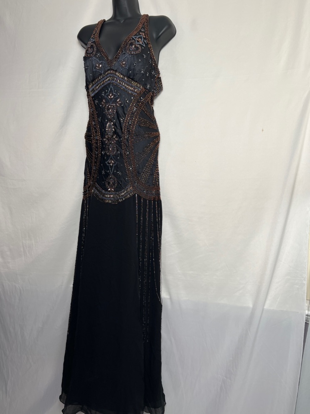 Sue Wong Black Beaded Evening dress with Bronze Accents - Picture 3 of 16